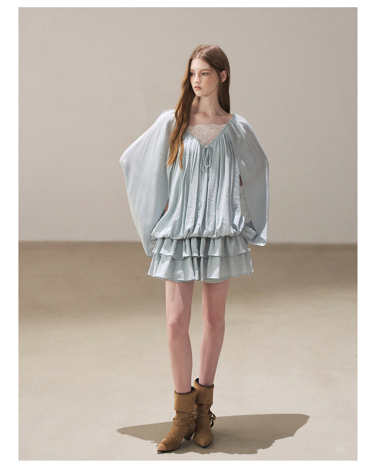 170726 "Falling Into Jacaranda Dreams" Misty Blue Lace Bubble Mini Dress with Shorts