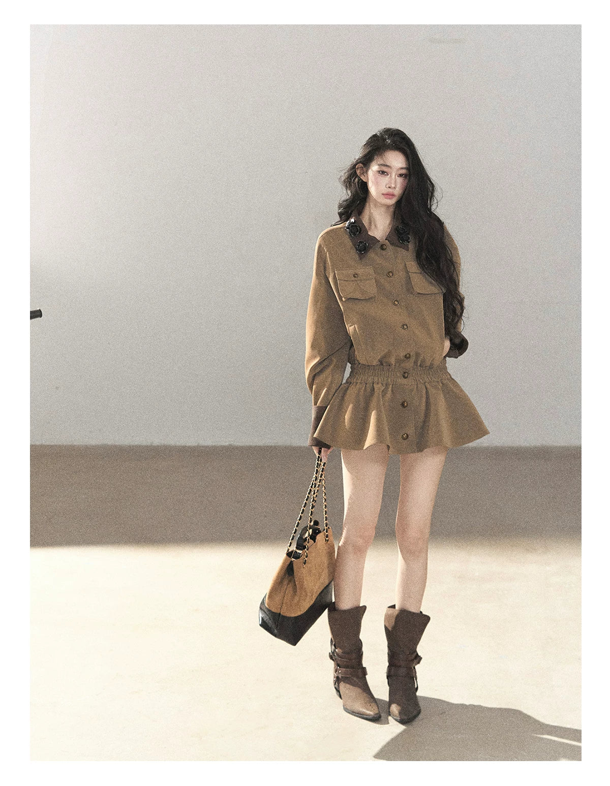 AOMALM - Gray-Brown PU Jacket and High-Waisted Shorts Set