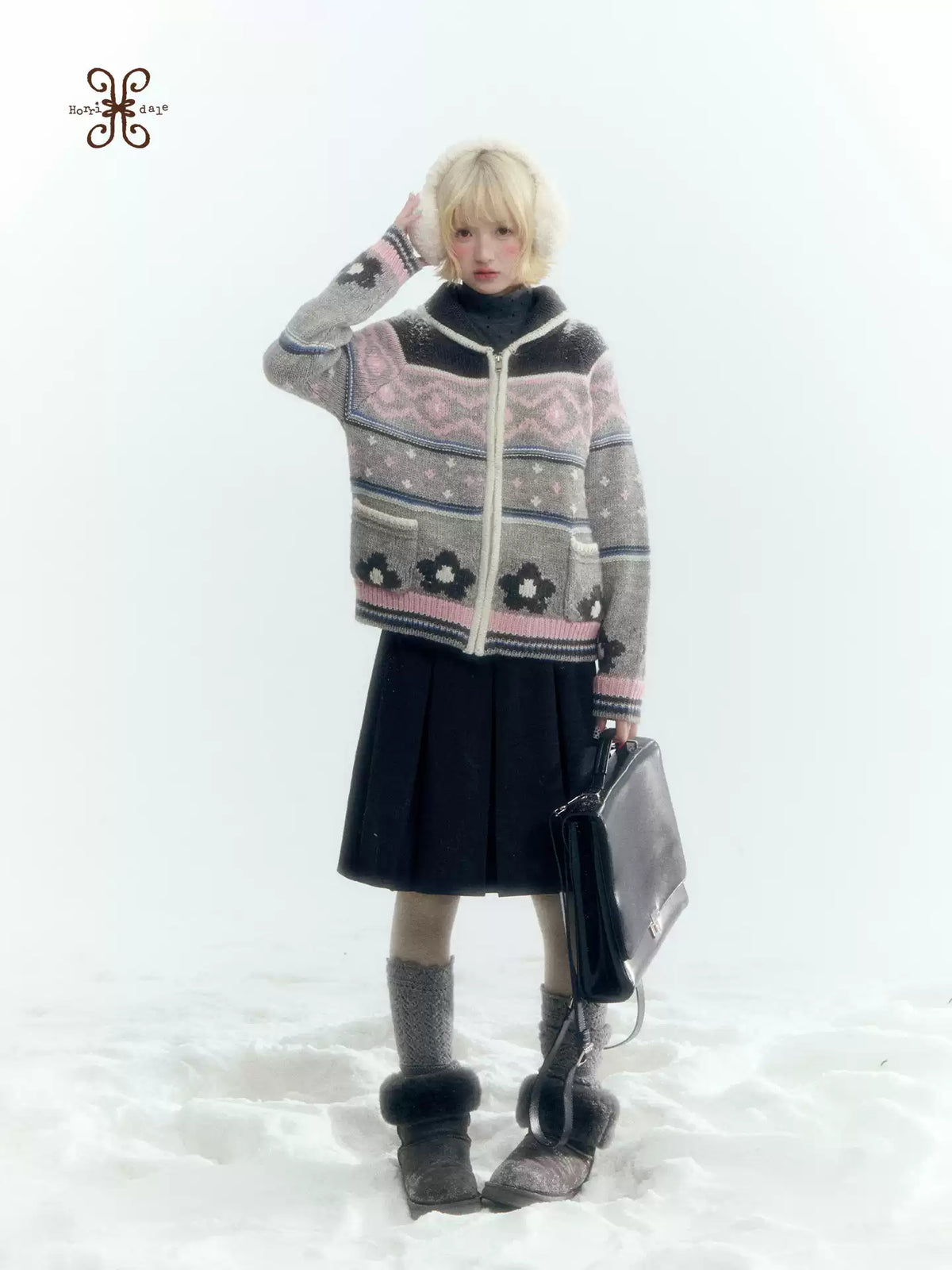 Horridale - Gray Pink Fair Isle Floral Zip-Up Knit Cardigan