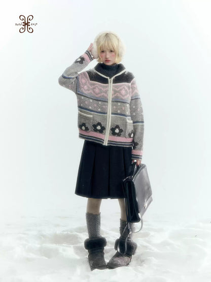 Horridale - Gray Pink Fair Isle Floral Zip-Up Knit Cardigan