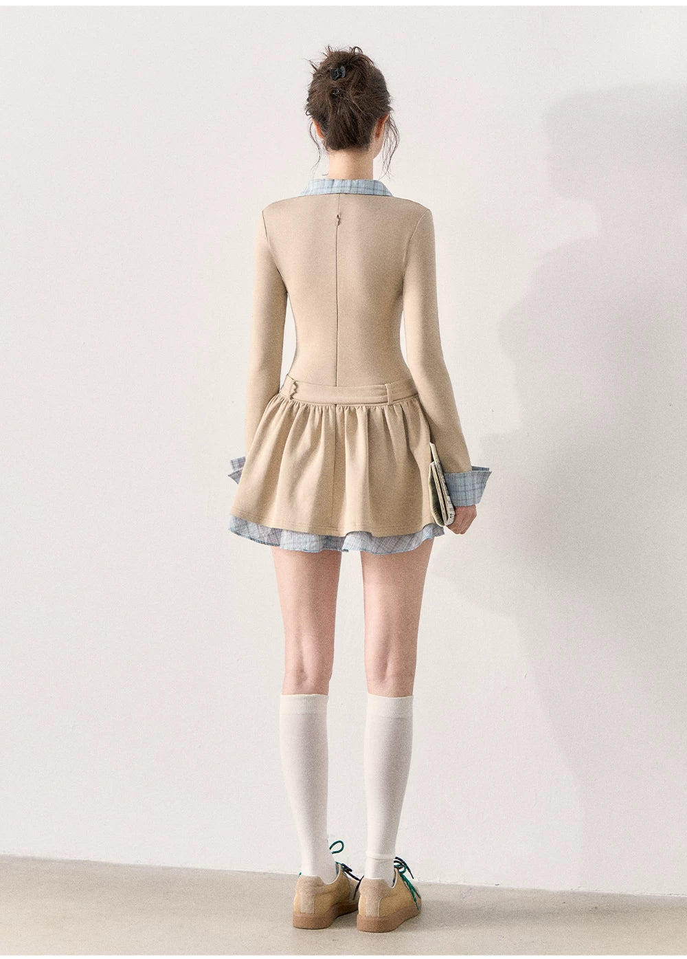 [TMMG] Miu-Inspired Preppy Knit Dress with Plaid Layered Detail & Bow Waist Belt