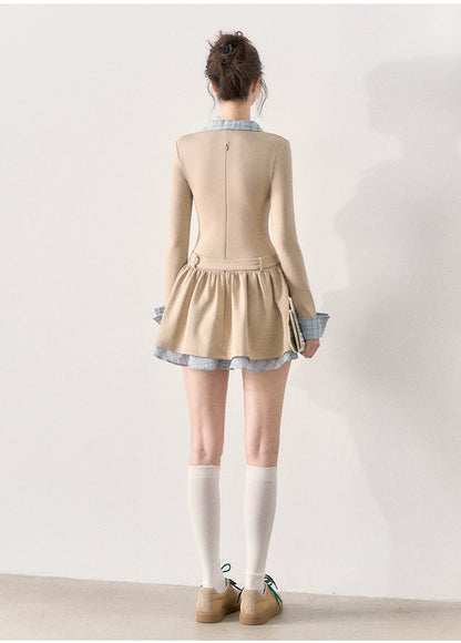 [TMMG] Miu-Inspired Preppy Knit Dress with Plaid Layered Detail & Bow Waist Belt