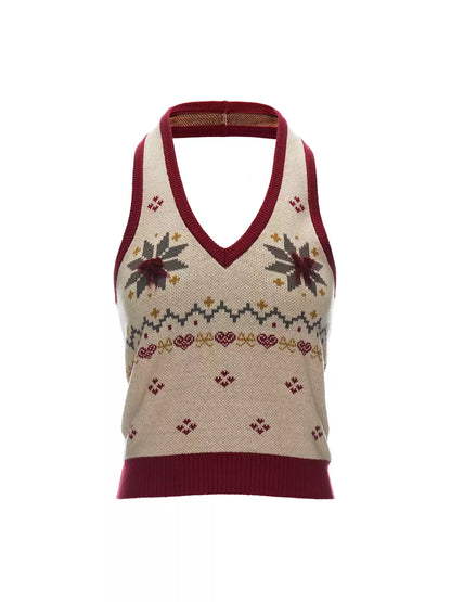 MAMC - Soft Beige Fair Isle Halter V-Neck Knit Vest WE872