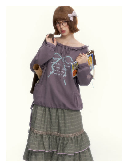 Deep Purple Bow-Tie Lettuce-Trim Off-Shoulder Sweatshirt