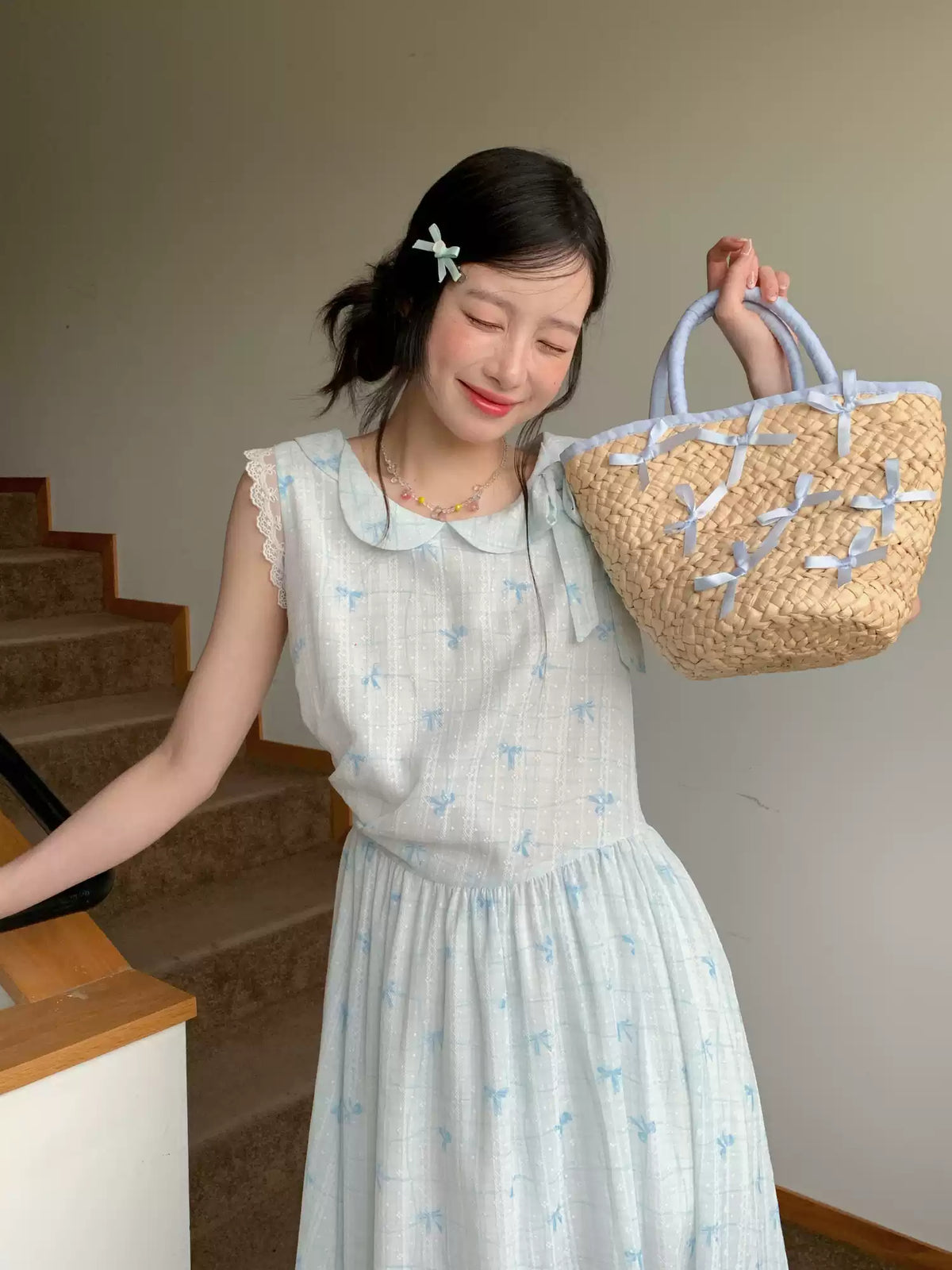 [RF] “Blue Ribbon Whisper” Blue Bow Print Lace-Trim Sleeveless Dress