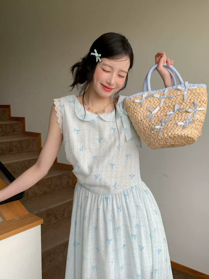 [RF] “Blue Ribbon Whisper” Blue Bow Print Lace-Trim Sleeveless Dress