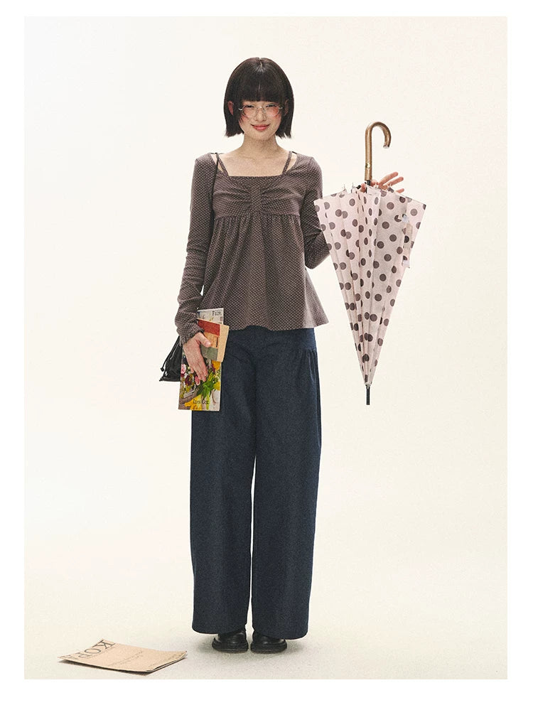 "Sweet Favorite" Polka Dot Faux-Layer Bow Knit Top (Gray Brown/ Blush Pink)
