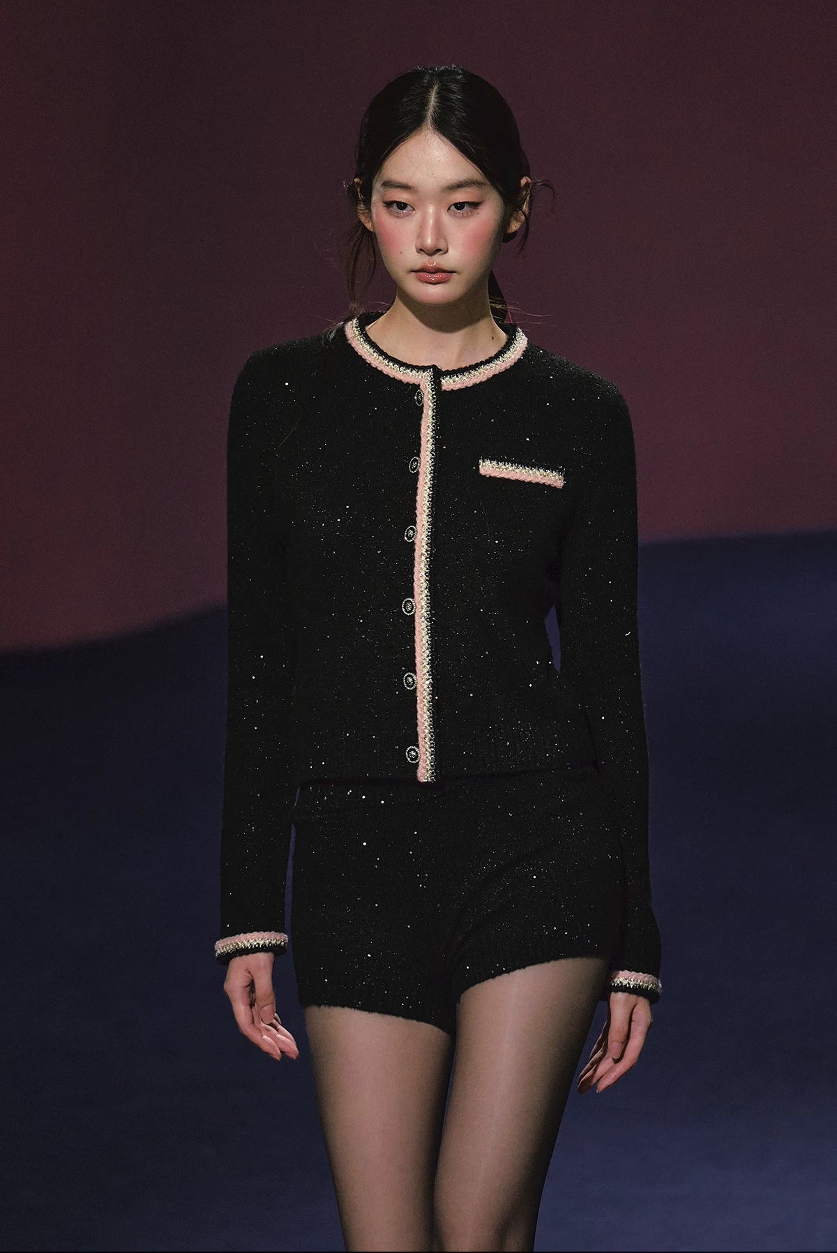 "Starlit Heiress" Black Shimmer Contrast Knit Cardigan & Shorts Set