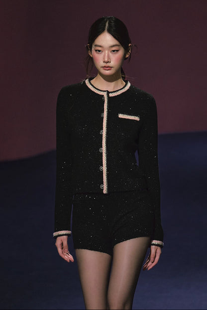 "Starlit Heiress" Black Shimmer Contrast Knit Cardigan & Shorts Set