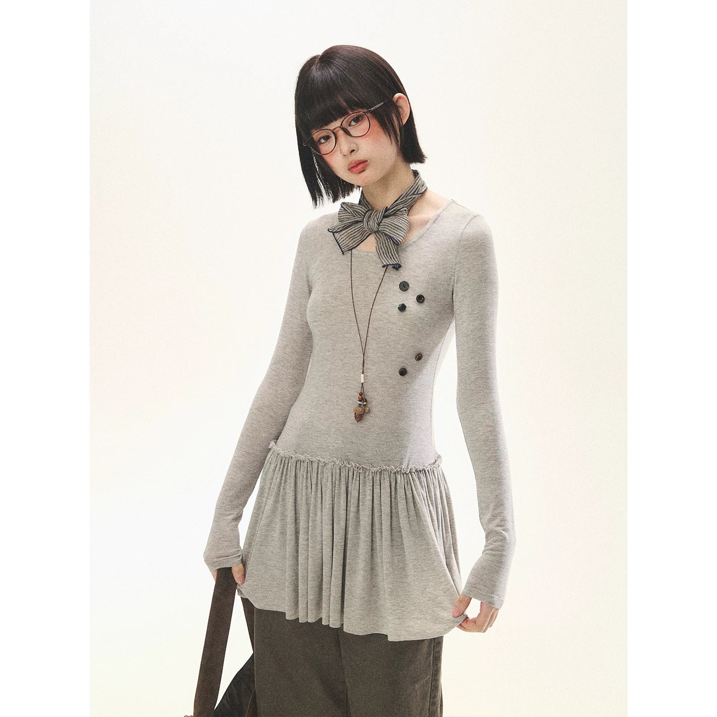 "Spring Memoir" TENCEL™ Wool Pleated Knit Midi Dress (Oat Gray/ Butter Cream)