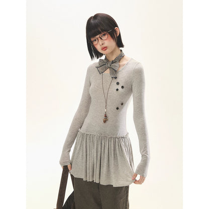 "Spring Memoir" TENCEL™ Wool Pleated Knit Midi Dress (Oat Gray/ Butter Cream)