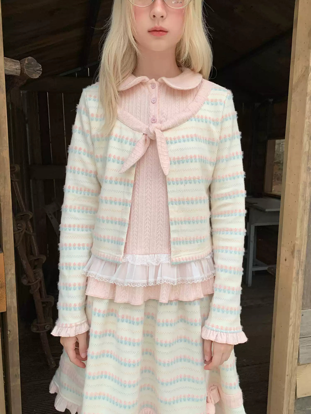 RF - Candy Stripe Floral Knit Cardigan and Midi Skirt Set