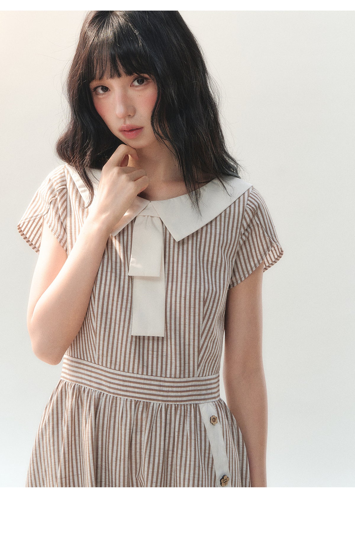 [CAN] "Coffee Meets Cream" Mocha Stripe Bow Collar Dress