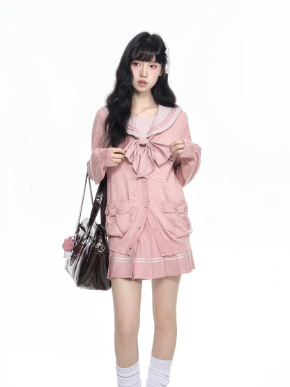 “Melody Blush” Pink Knit Cardigan & Sailor Uniform Set