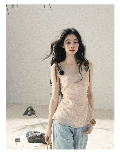 "Begonia in the Evening Breeze" Lotus Pink Embroidered Floral Cami Top