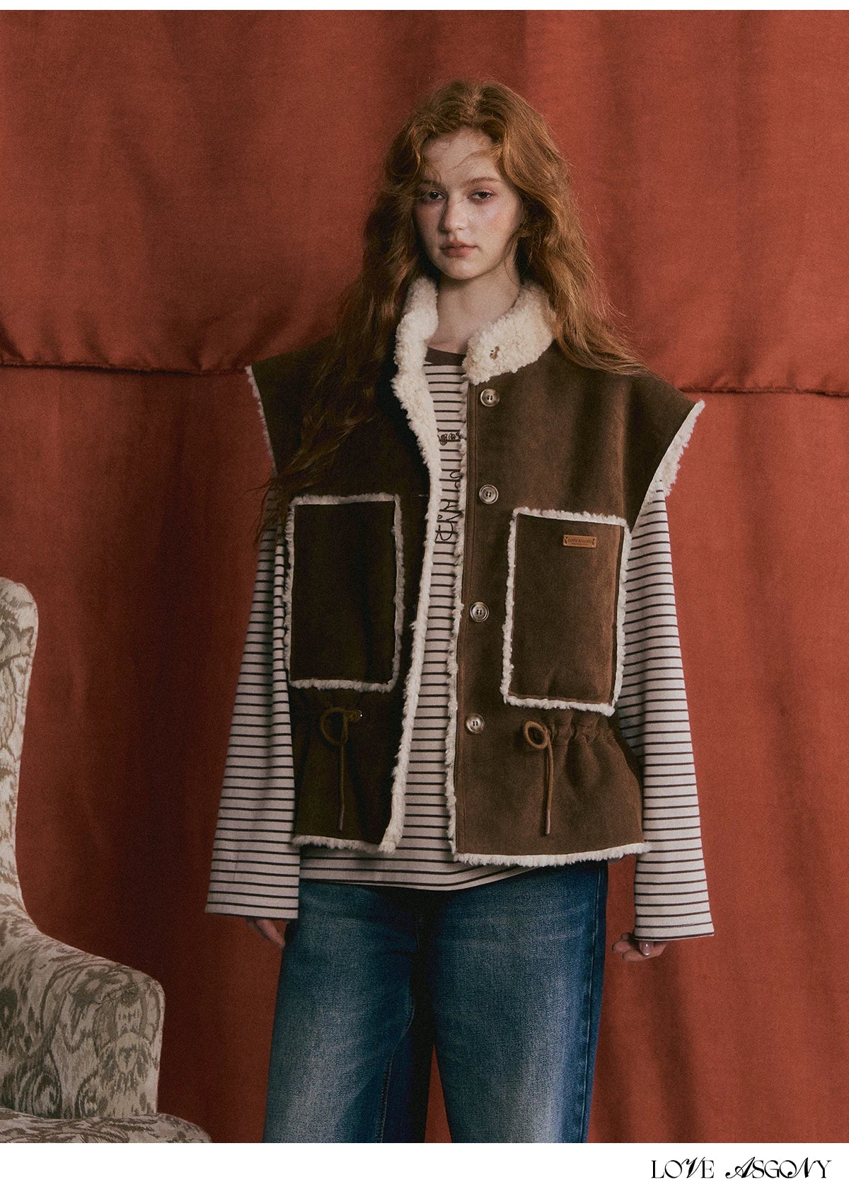 ASGONY - Brown Reversible Suede Faux Shearling Drawstring Vest