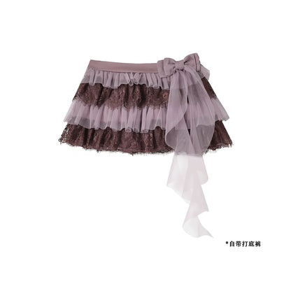 KYOUKO - Lavender Striped Cardigan, Mesh Top, Lace Cami & Ribbon Skirt Set