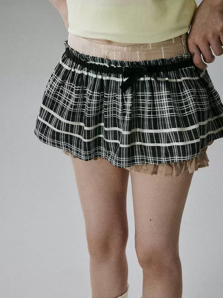 LOST FOREST - Black Plaid & Tea Brown Silk-Cotton Layered Skirt