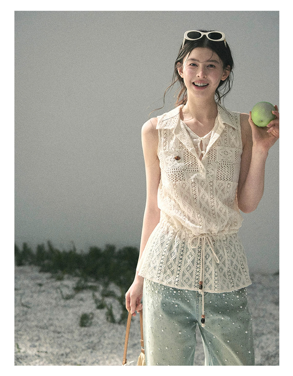 “Summer Breeze Kissing the Hem” Ivory Lace Layered Sleeveless Top