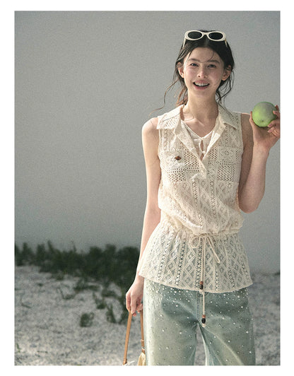 “Summer Breeze Kissing the Hem” Ivory Lace Layered Sleeveless Top