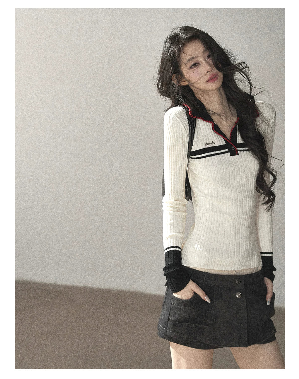 AOMALM - "Soft Moonlight" Cream Almond White American Long-Sleeve Polo Knit Top