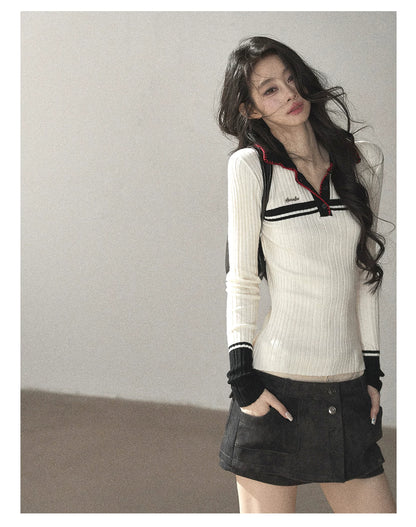 AOMALM - "Soft Moonlight" Cream Almond White American Long-Sleeve Polo Knit Top