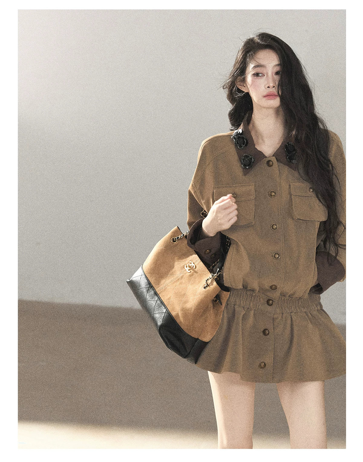 AOMALM - Gray-Brown PU Jacket and High-Waisted Shorts Set