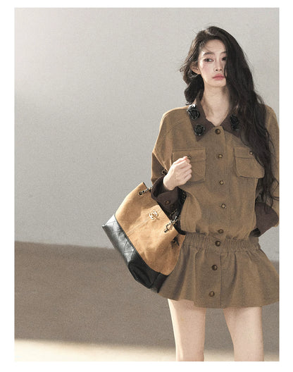 AOMALM - Gray-Brown PU Jacket and High-Waisted Shorts Set