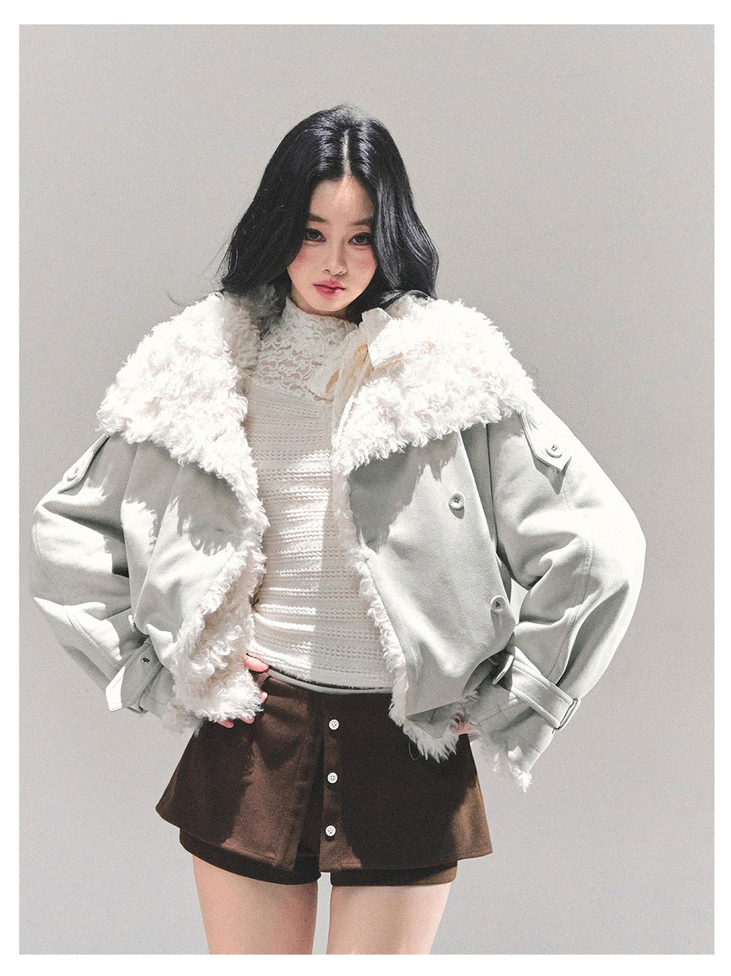 少也眼 "Velveted Winter" Cozy Shearling Fleece Jacket - Light Gray