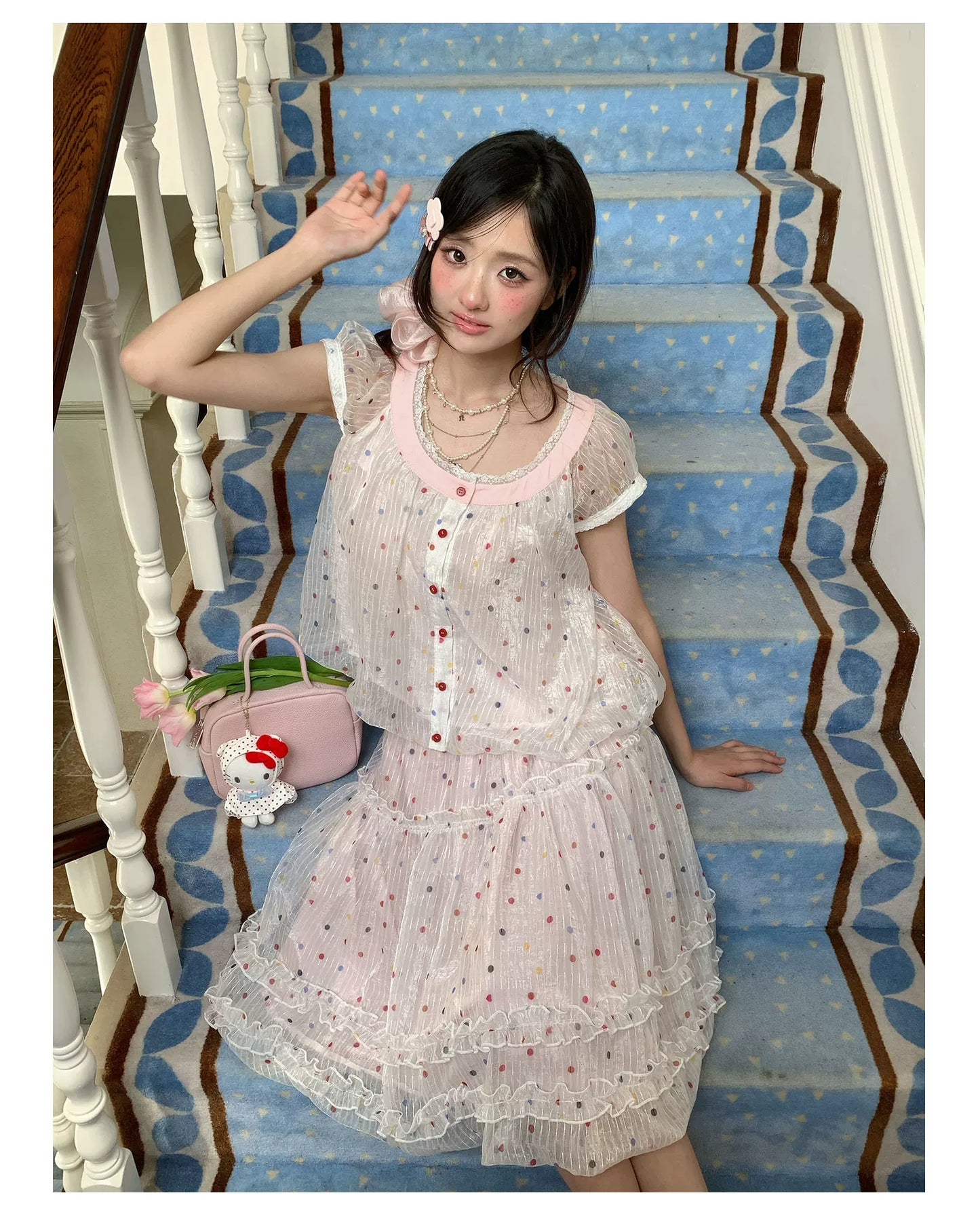 “Strawberry Boba Daydream” Pink Polka Dot Bubble Skirt Set