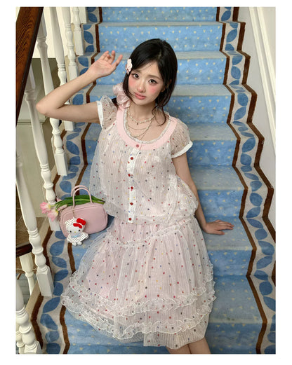 “Strawberry Boba Daydream” Pink Polka Dot Bubble Skirt Set