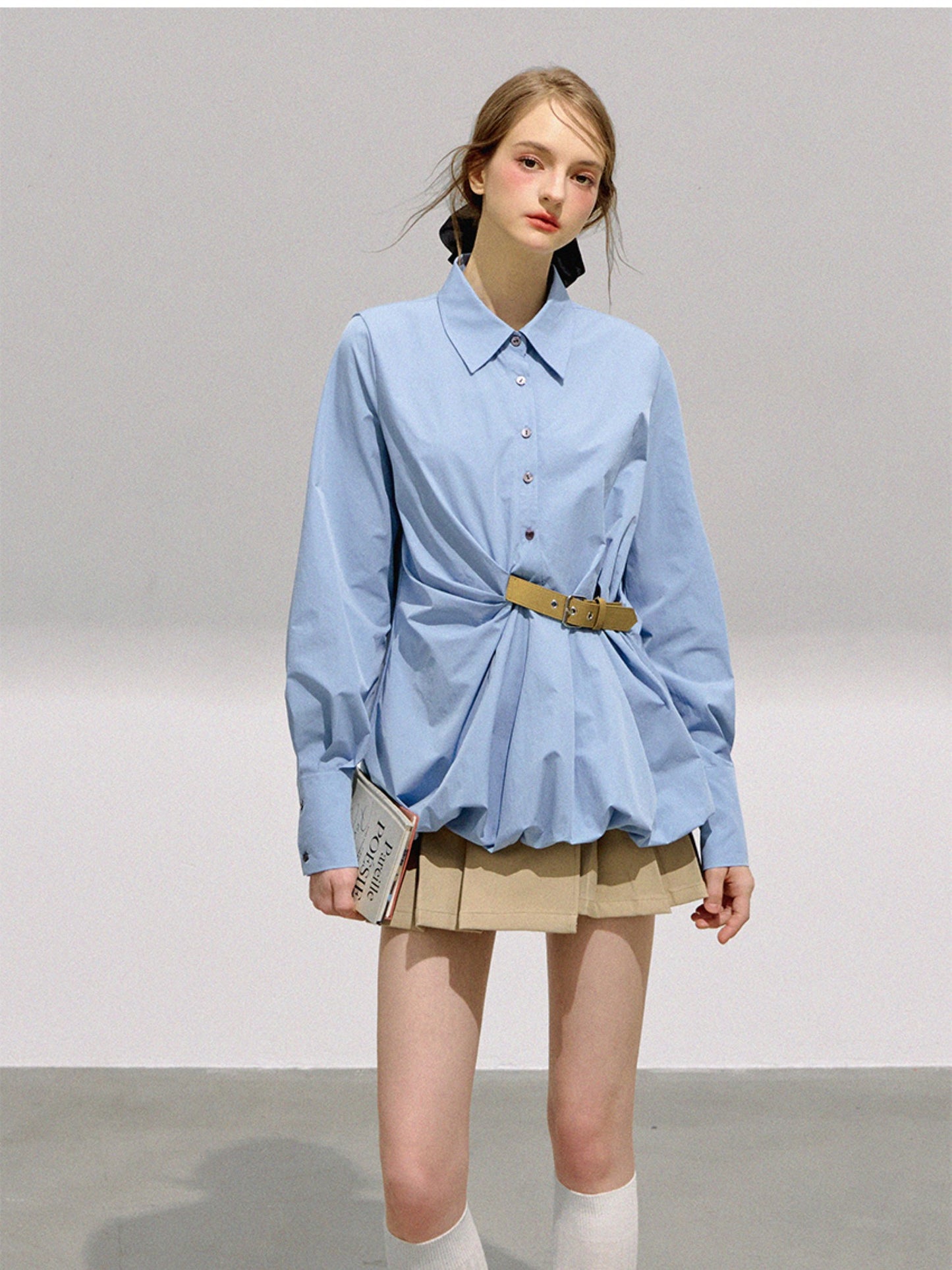 BOHOL BLING - Preppy Sweetheart Contrast Buckle Puff Sleeve Blouse