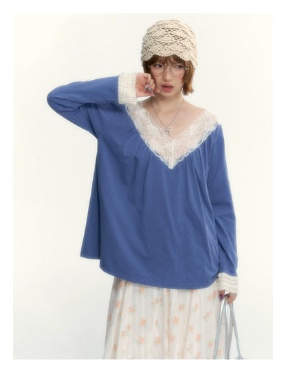 Classic Blue Lace V-Neck Long-Sleeve Top
