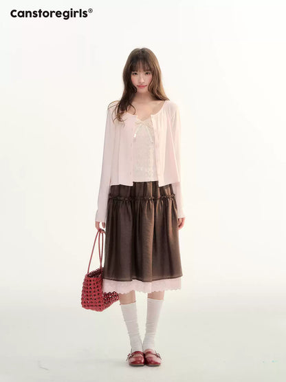 Soft Pink Lace Trim Knit Cami & Cardigan Set LL2026115