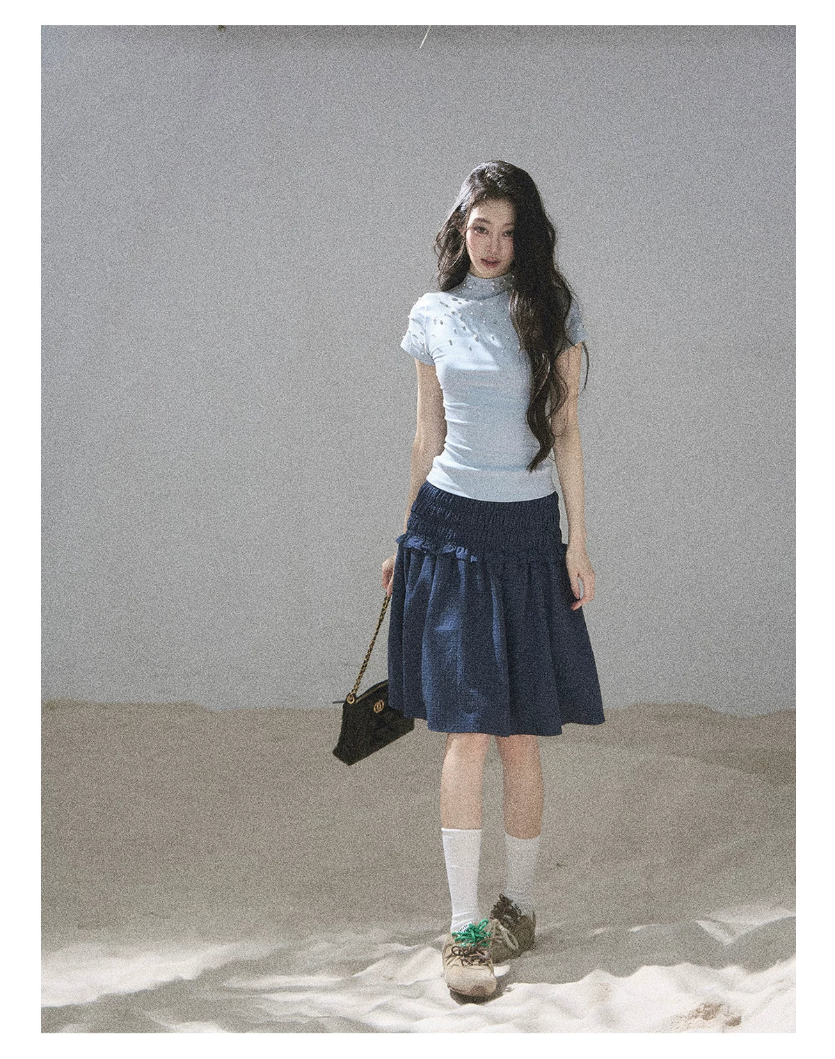 "Scattered Across the Milky Way" Pearl Beaded Knit T-Shirt (Haze Blue/ Sage Gray)