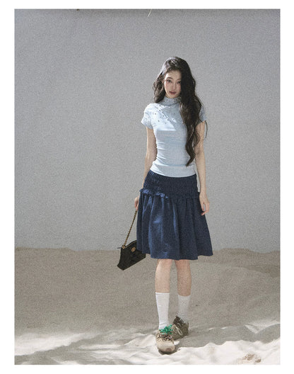 "Scattered Across the Milky Way" Pearl Beaded Knit T-Shirt (Haze Blue/ Sage Gray)