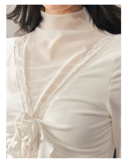040126 “Vanishing Curve” Sheer Lace Turtleneck Base Top - White