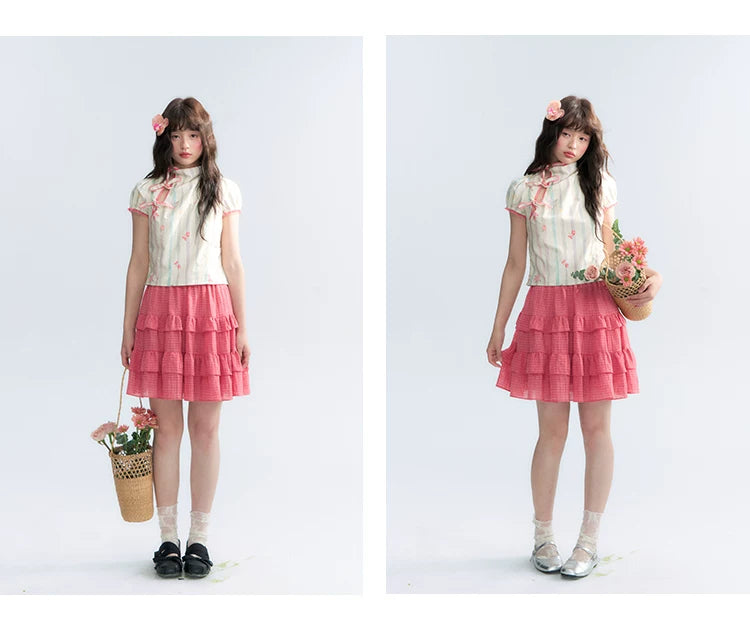"Peach Blossom" Plum Pink Plaid Tiered A-Line Skirt