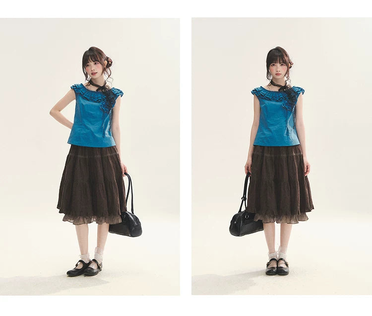 "Bluebell" Peacock Blue Lace Embroidered Fitted Sleeveless Top