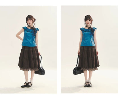 "Bluebell" Peacock Blue Lace Embroidered Fitted Sleeveless Top