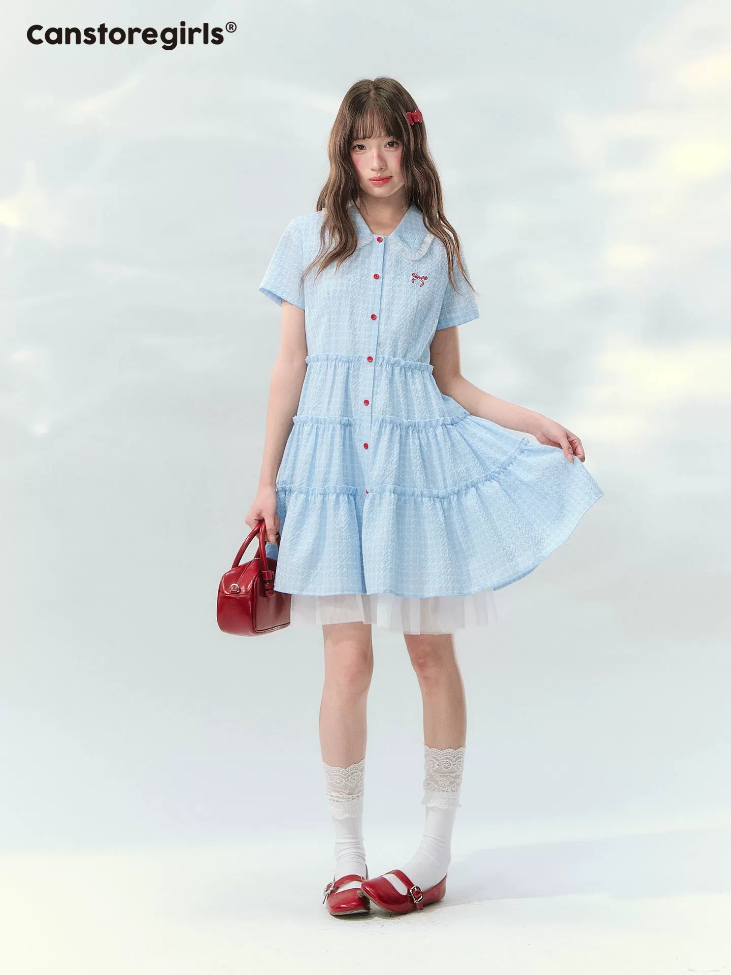 “Weaving Red Melody” Blue Plaid Tiered Ribbon Dress SJ2026125