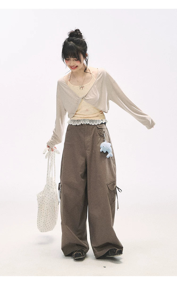 "Street Stroll Girl" Sage Gray Cotton Wide-Leg Cargo Pants
