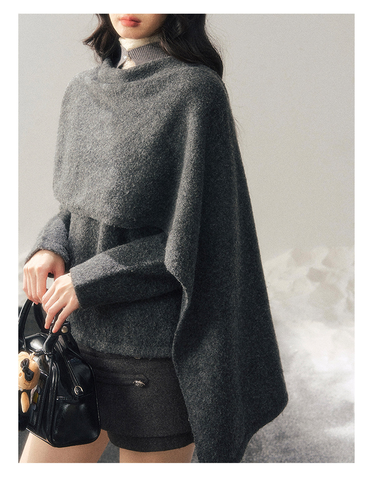 少也眼 "When Clarity Falls" Dusk Gray Layered Shawl Knit Sweater