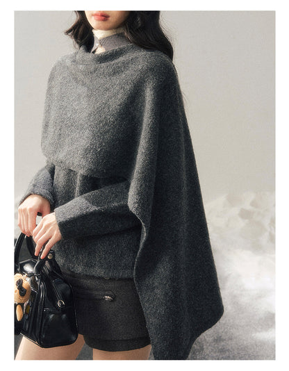 少也眼 "When Clarity Falls" Dusk Gray Layered Shawl Knit Sweater