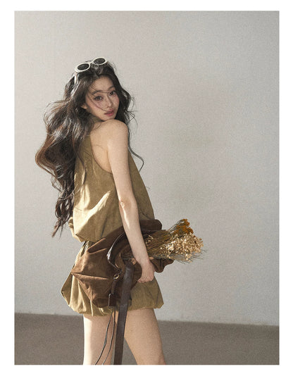 AOMALM - "The Veins of Leaves" Oatmeal French Faux Suede Top & Shorts Set