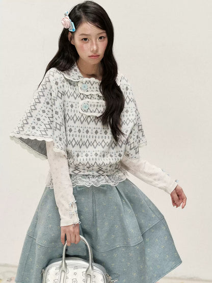 [RF] Frost Mist Blue Floral Jacquard A-Line Midi Skirt with Plaid Waistband