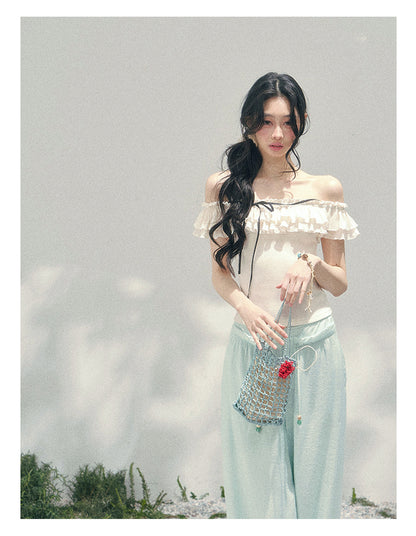 “White Pearlight” Ivory Off-Shoulder Ruffle Tee