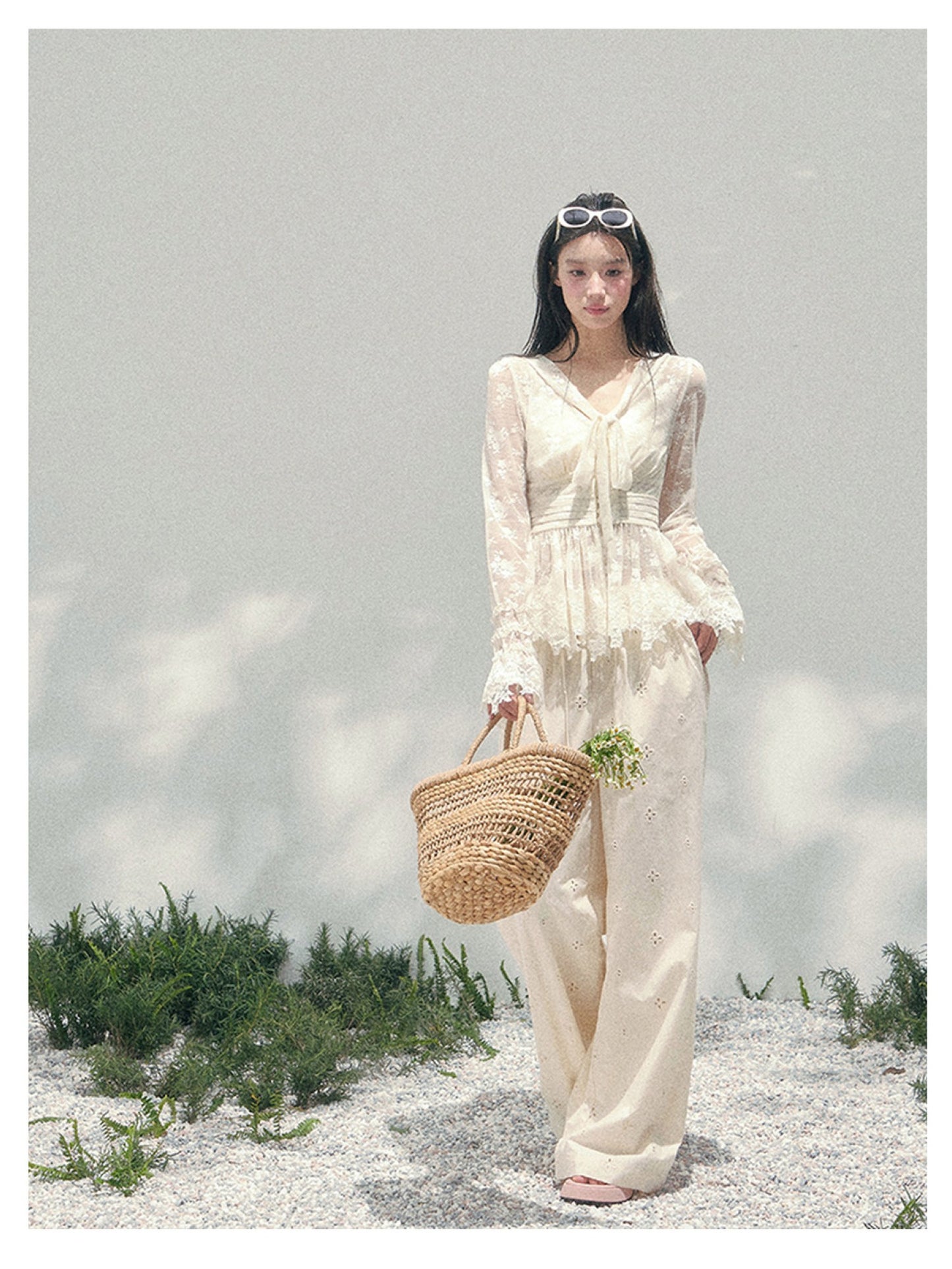 少也眼 “Lace’s Fading Dream” Sheer Lace V-Neck Cinched Top 53663788558