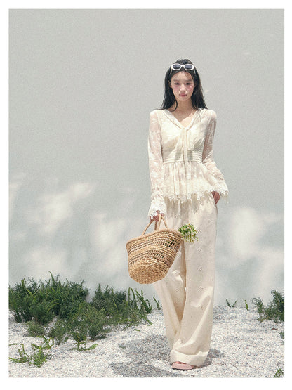 少也眼 “Lace’s Fading Dream” Sheer Lace V-Neck Cinched Top 53663788558