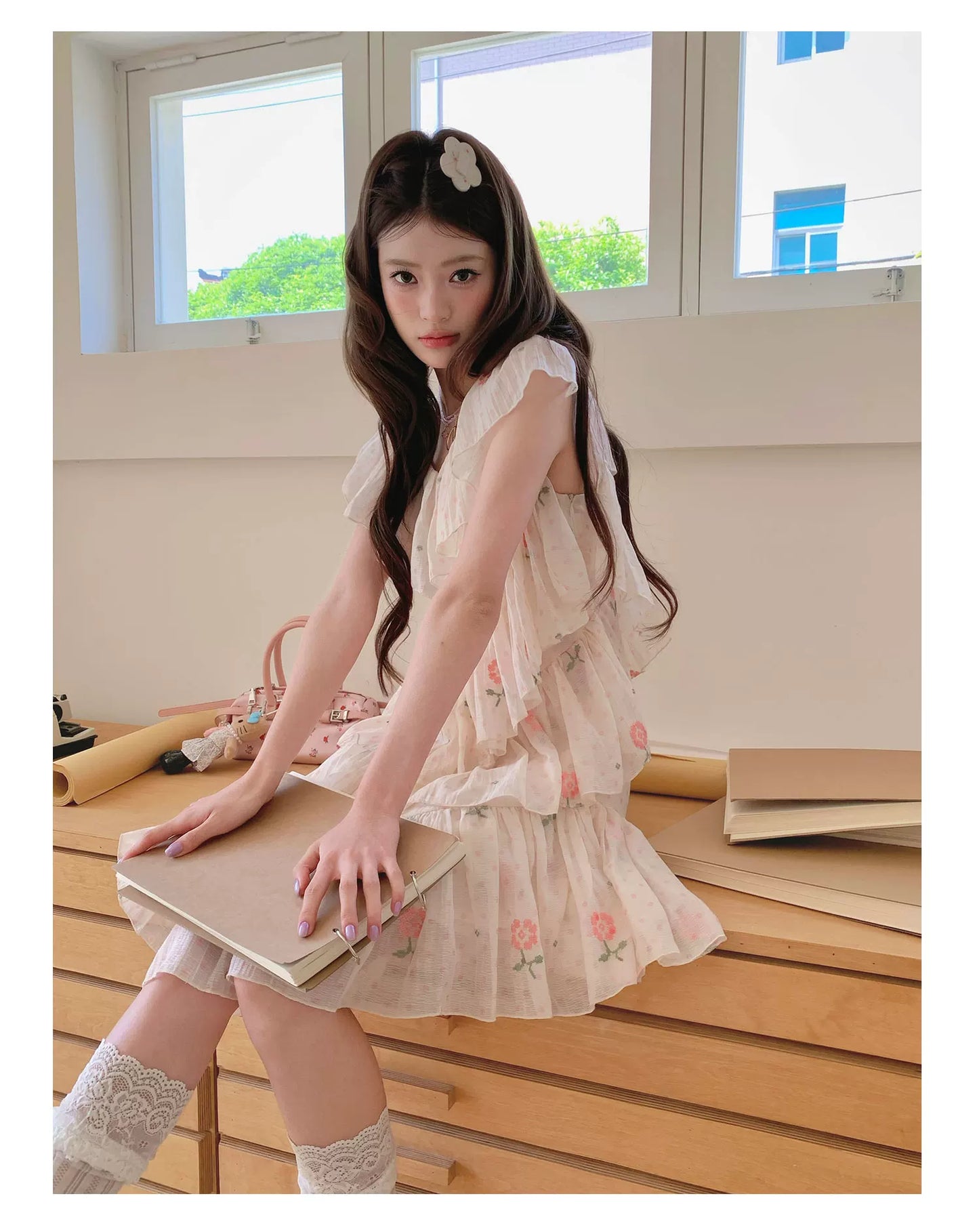 “Cloud Ruffle Reverie” Cream Apricot Floral Ruffle Dress